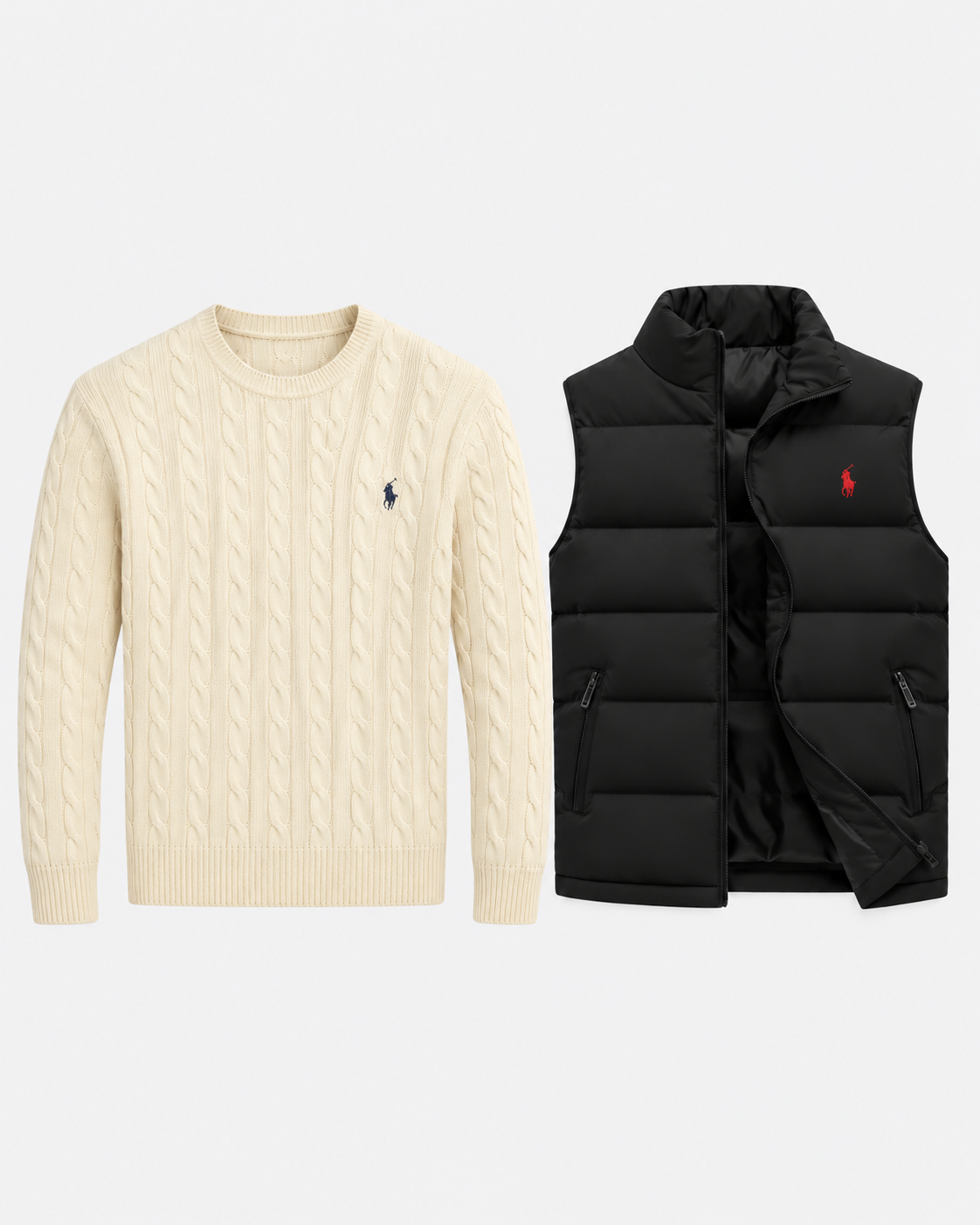 Set aus Zopfstrick-Pullover & gestepptem Gilet
