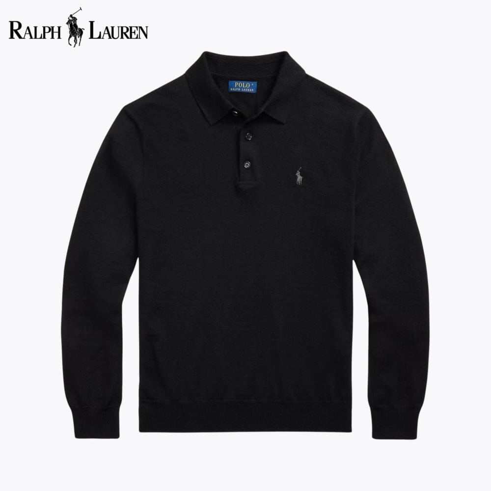 Fine-Gauge Wool Polo-Collar Jumper — men's jumpers in black, front view