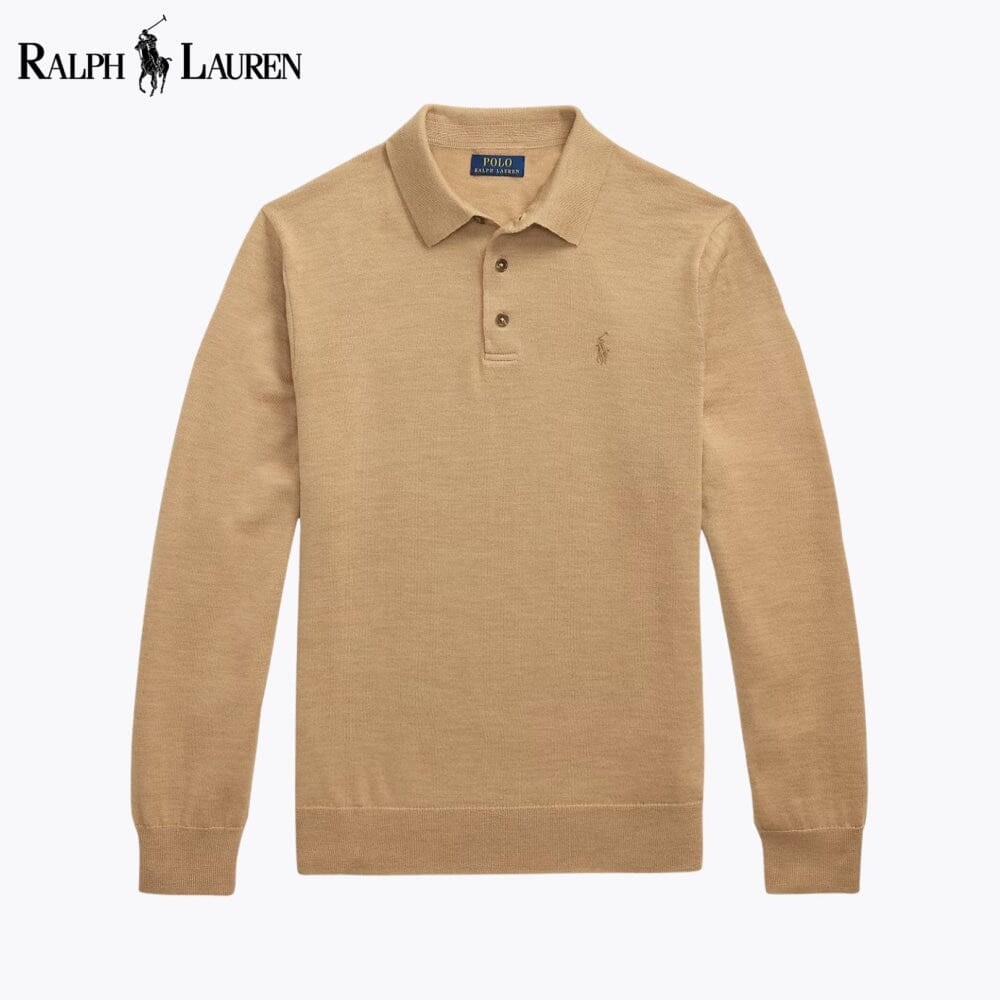Fine-Gauge Wool Polo-Collar Jumper — men's jumpers in camel, front view