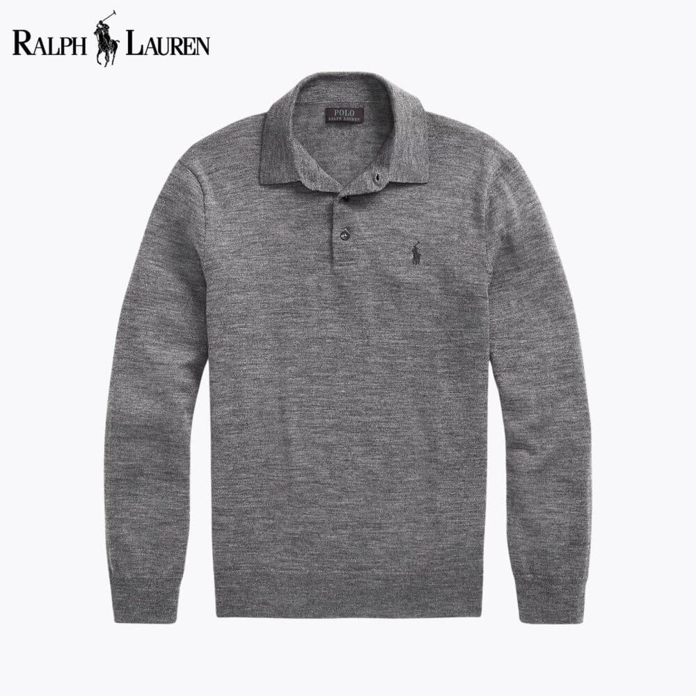 Fine-Gauge Wool Polo-Collar Jumper — men's jumpers in grey, front view