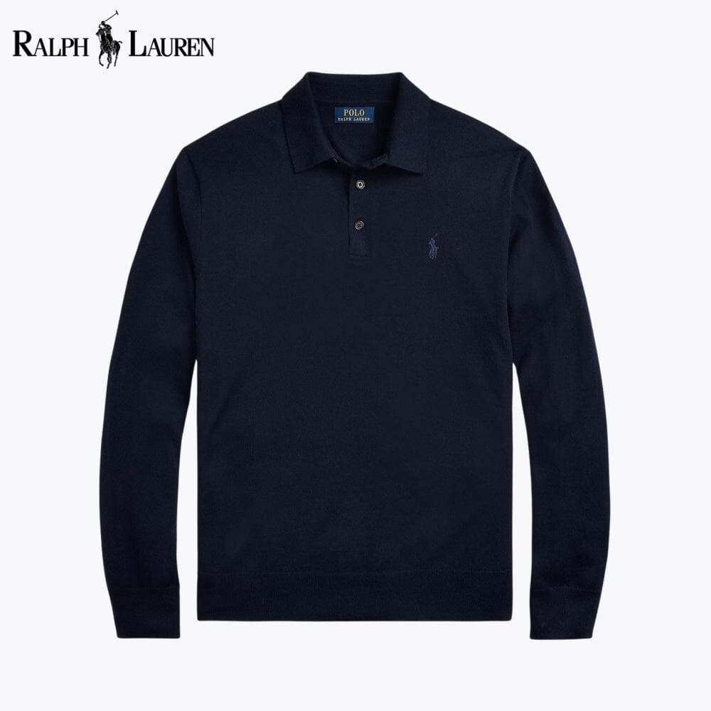 Fine-Gauge Wool Polo-Collar Jumper — men's jumpers in navy, front view