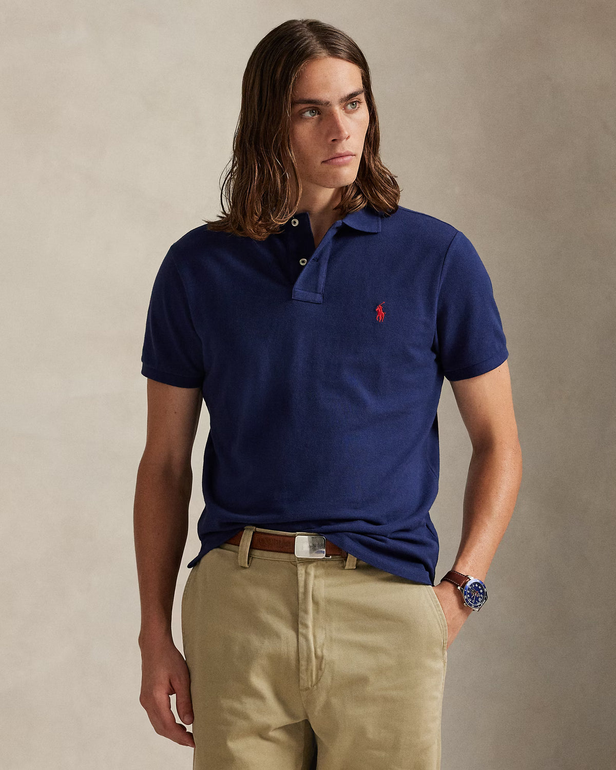 Slim Fit Cotton Mesh Polo — men's polo shirts, close-up