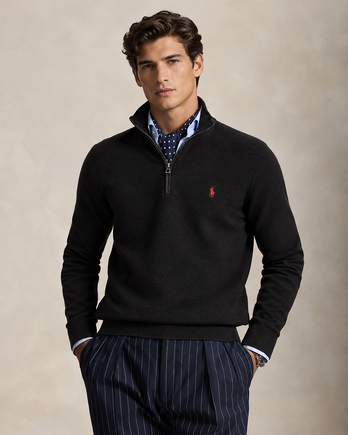 Mesh-Knit Cotton Quarter-Zip Jumper — men's quarter-zip jumpers, close-up