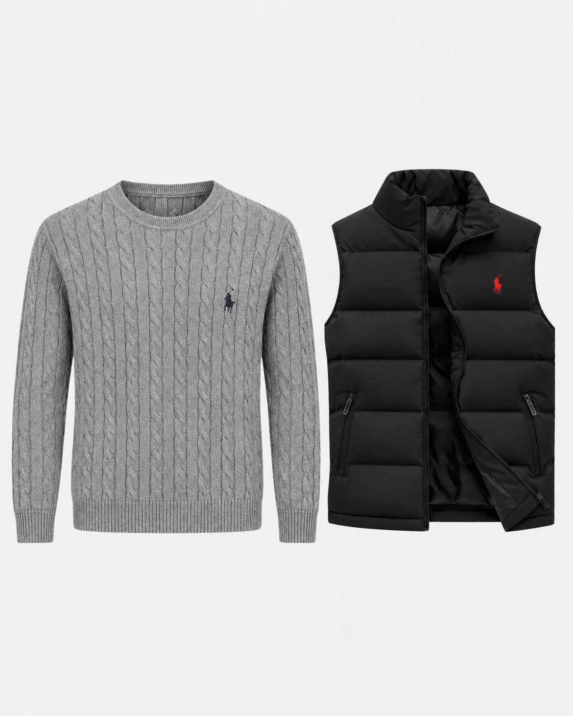 Set aus Zopfstrick-Pullover & gestepptem Gilet