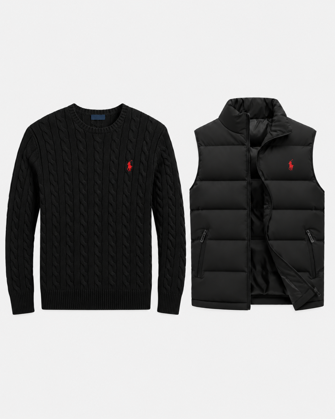 Set aus Zopfstrick-Pullover & gestepptem Gilet