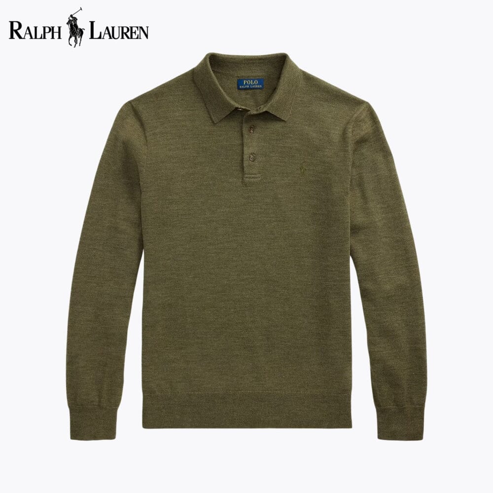 Fine-Gauge Wool Polo-Collar Jumper — men's jumpers in olive, front view